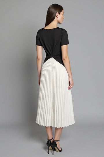 Ivory and Black Patchwork Pleated Short Sleeves Long Work Dress